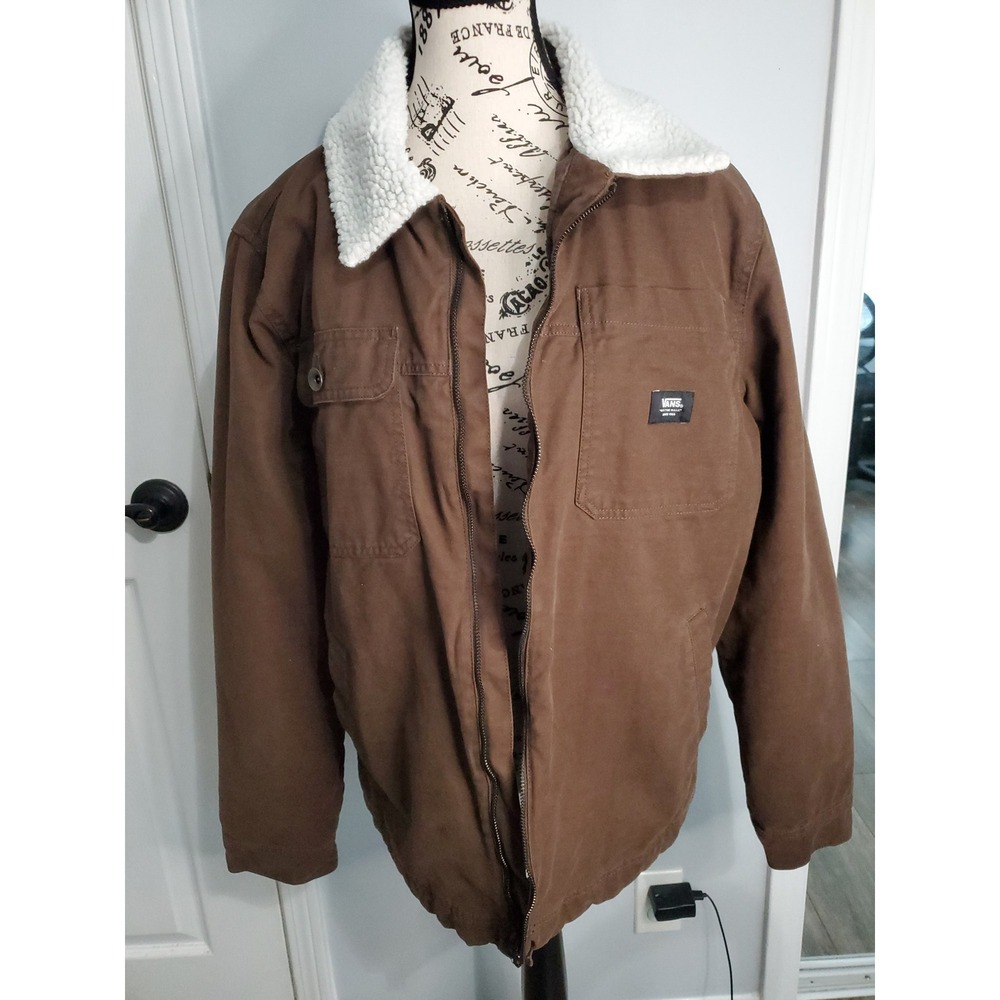 Vans Mens Sherpa Lined Canvas Jacket Brown Workwear Skate Full Zip Large